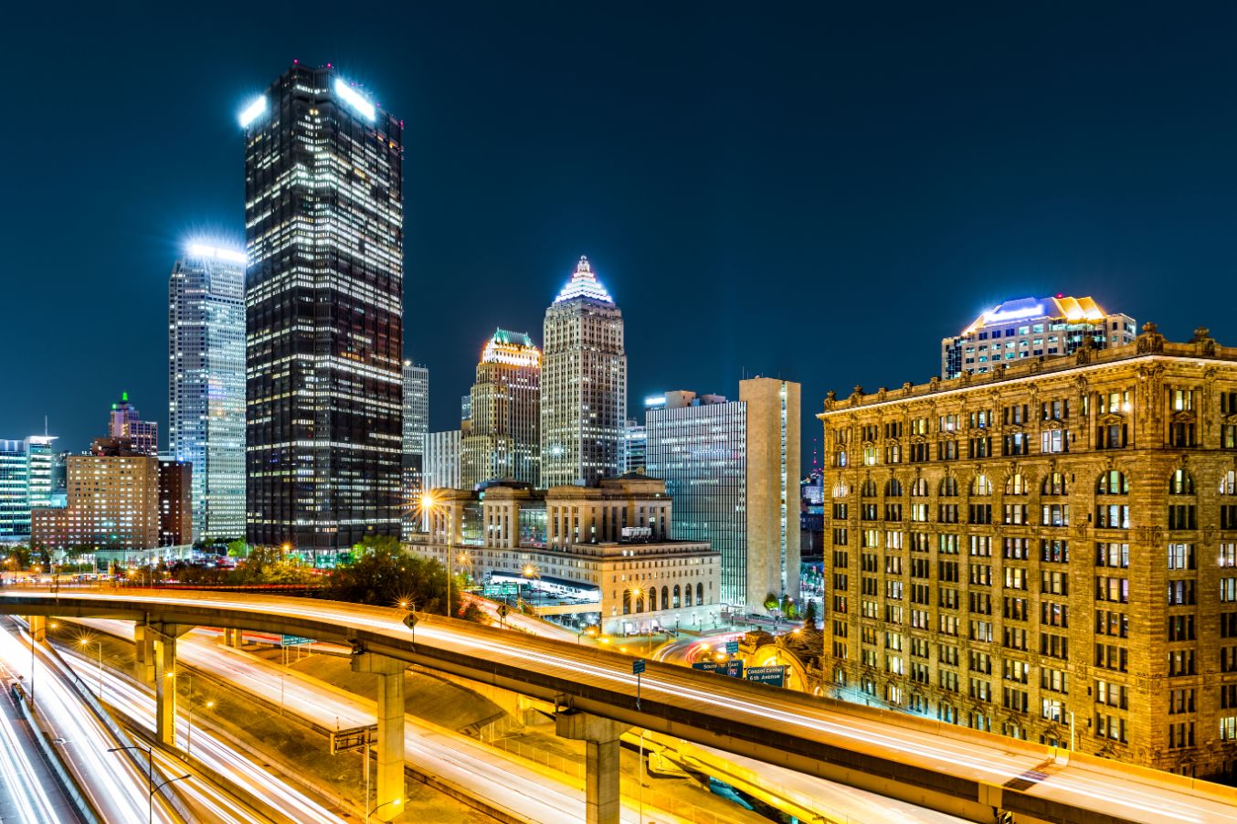 downtown Pittsburgh at night