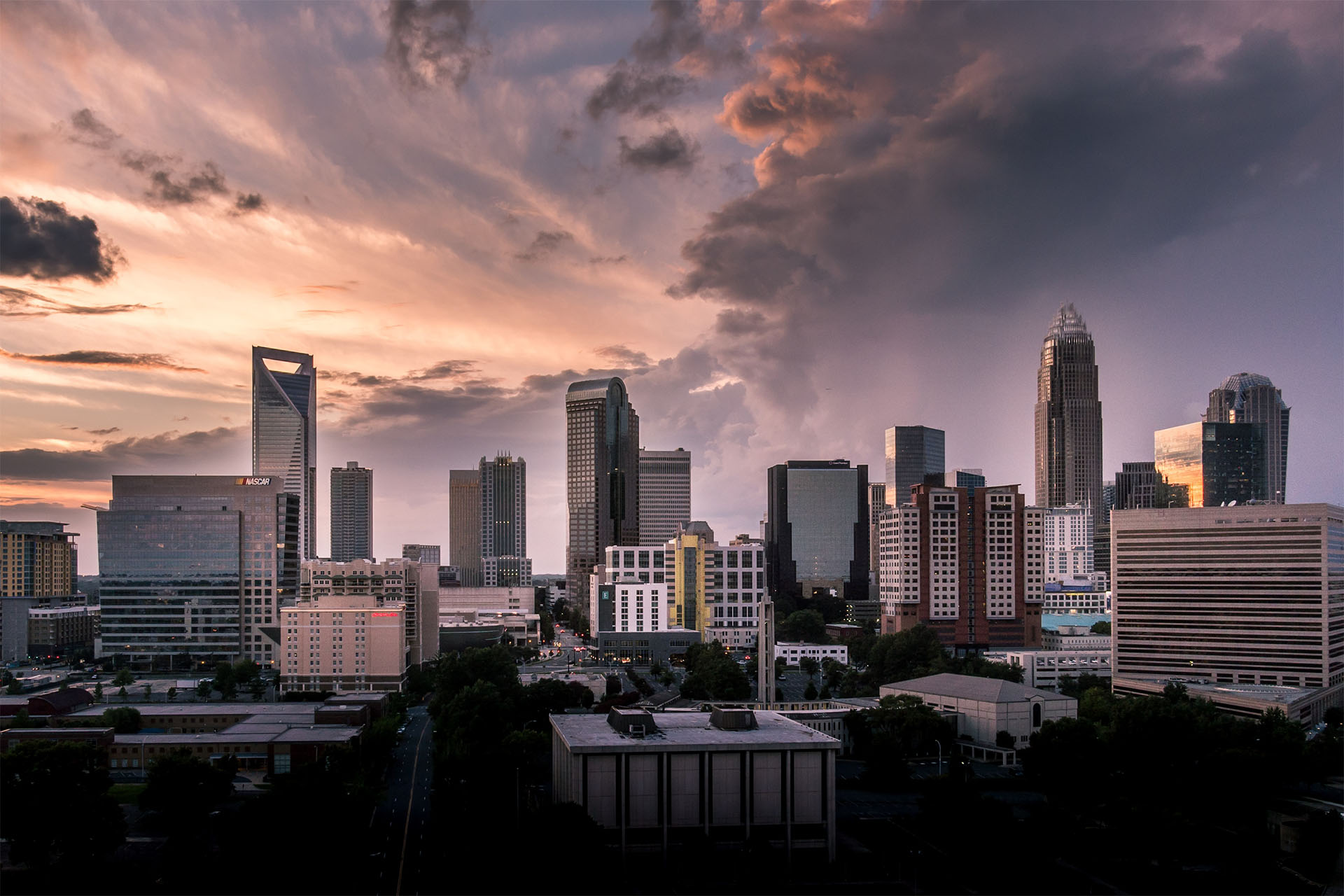 North Carolina city skyline at sunset